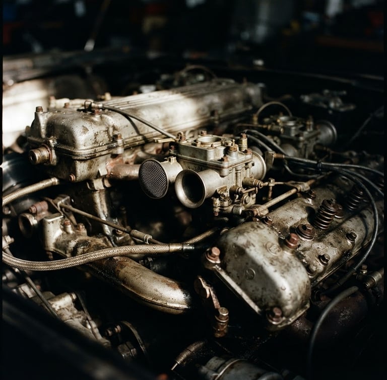 Close-up of a classic Italian racing engine, weathered metal, deep shadows, natural high-contrast light, 35mm film grain