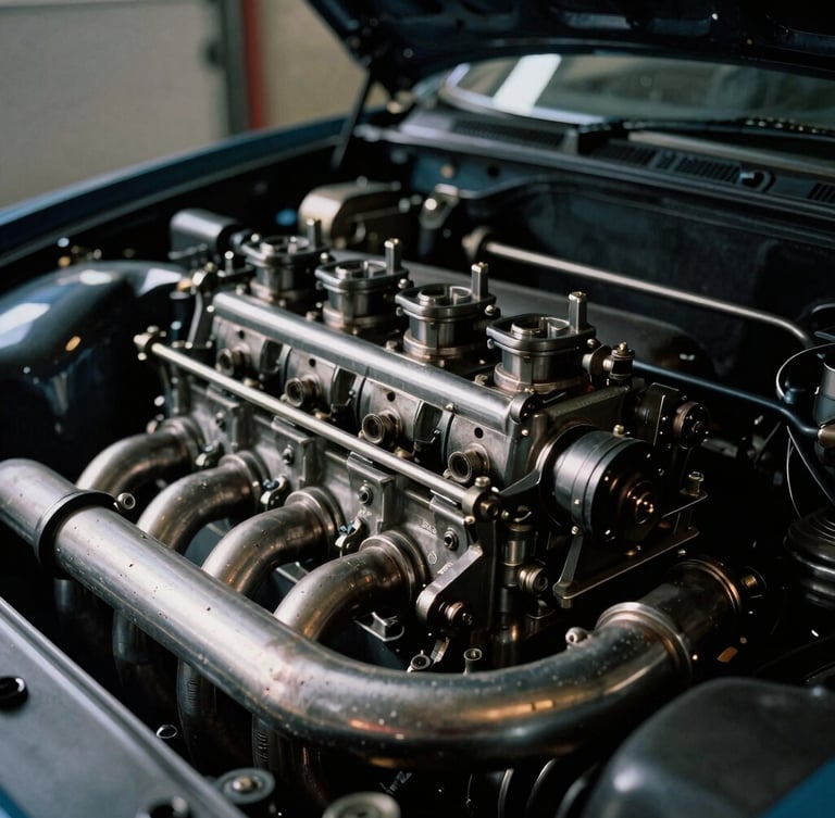 Close-up portrait of a vintage mechanical engine bay, intricate chrome pipes, throttle linkages, grease and oil patina, dramatic high-contrast side lighting from a garage door, moody atmosphere, 35mm film grain.