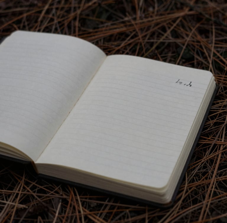 A close-up of an open, handwritten field notebook lying on a bed of dark pine needles, overcast natural light, desaturated grey tones, 35mm