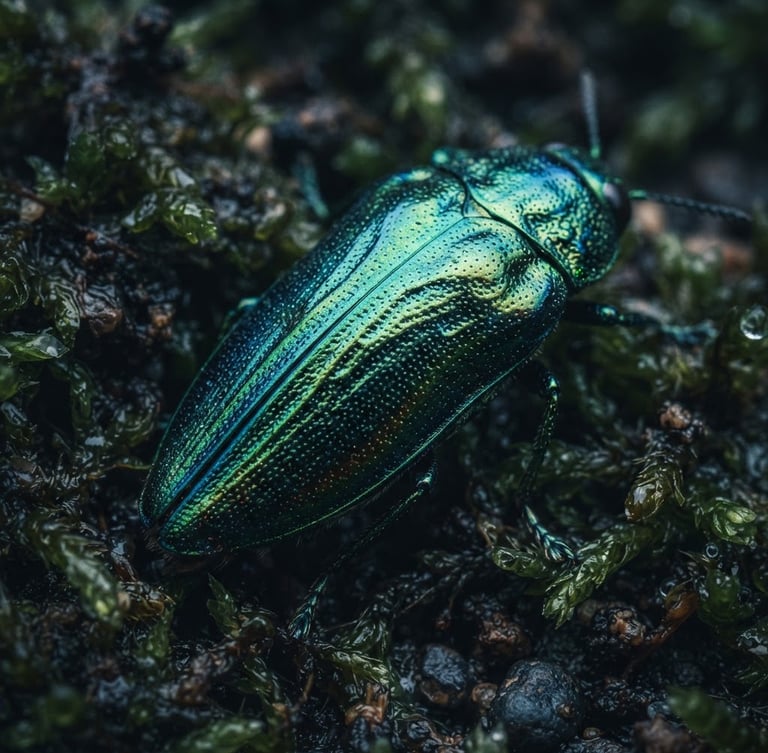 Extreme macro photography of a beetle's iridescent carapace resting on damp moss, cool overcast daylight, high-contrast shadows, 35mm