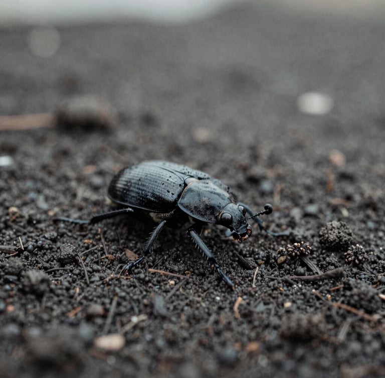 Moody macro photography of a ground beetle on dark damp soil, overcast natural light, desaturated grey tones, sharp focus, high contrast, 35mm