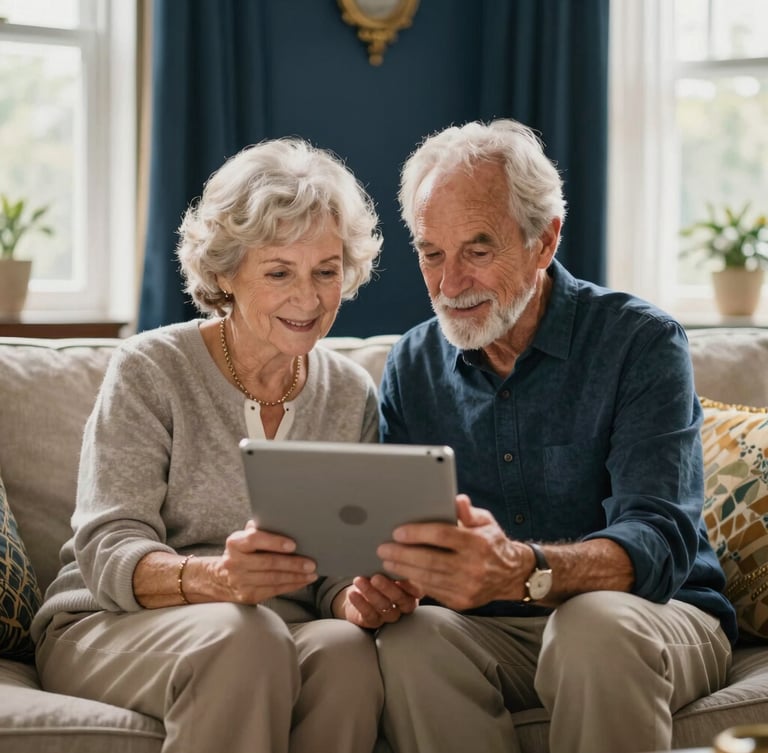 Dignified senior couple sitting on a warm neutral sofa, looking at a tablet together, soft morning window light, rich navy and gold accents in the room decor, editorial photography, shallow depth of field.