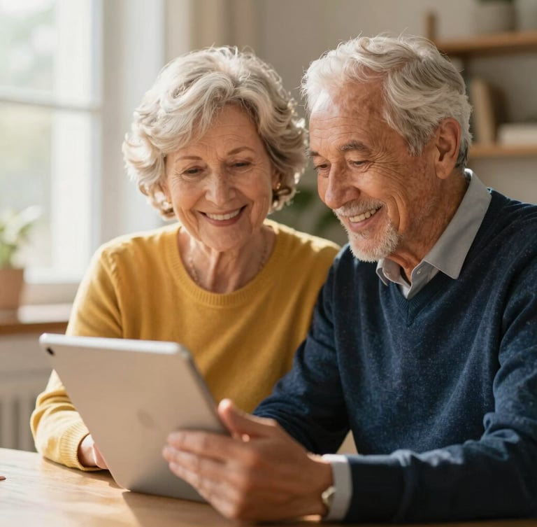 Dignified senior couple in a warm home environment looking at a tablet with a friendly advisor, soft golden light, natural smiles, shallow depth of field