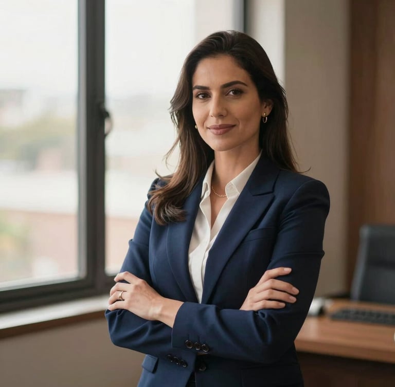 Approachability portrait of a professional financial advisor in a sunlit, warm office in Brazil, soft window light, rich navy accents, 35mm photography
