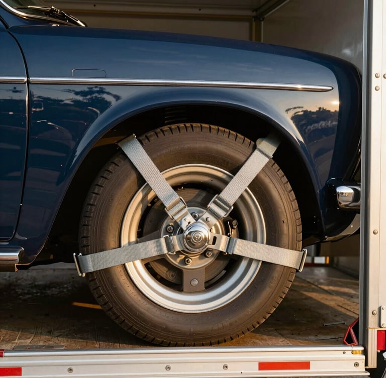 Close-up of a classic vehicle being carefully secured with heavy-duty wheel straps inside an enclosed trailer, warm golden hour lighting, sharp focus
