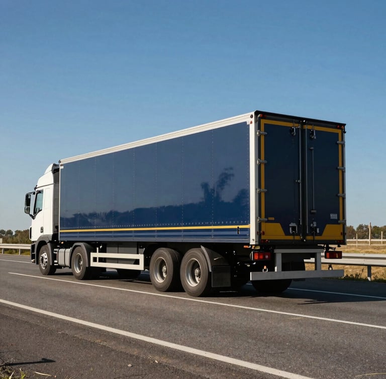 Wide environmental shot of a modern enclosed car carrier truck driving on an open highway during clear daylight, deep blue sky, professional photography