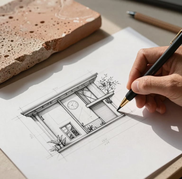 A close-up of a designer sketching architectural details next to a sample of terracotta stone and premium textured paper under morning sunlight