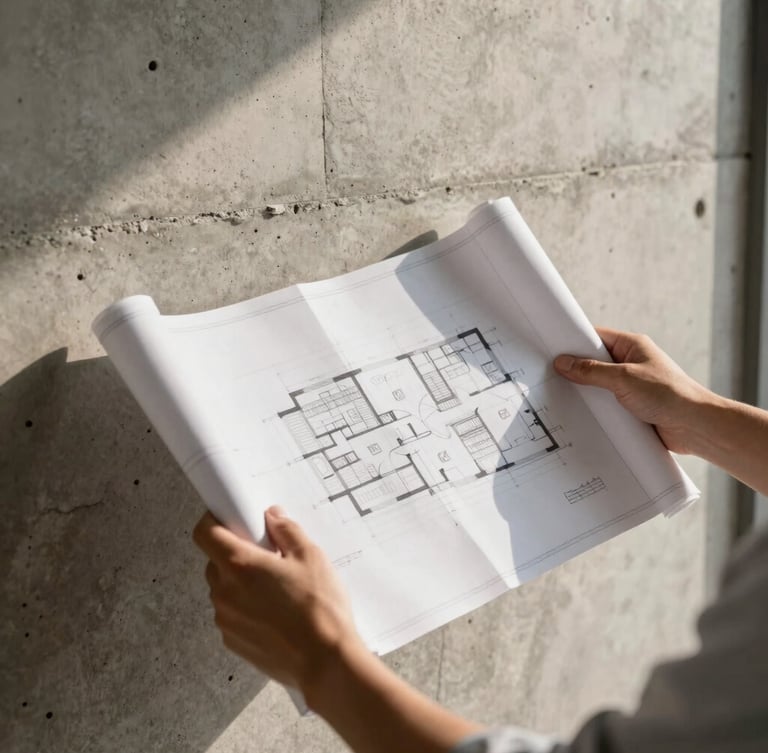 Architectural site inspection, close-up of hands holding a blueprint over a raw concrete wall, warm natural sunlight