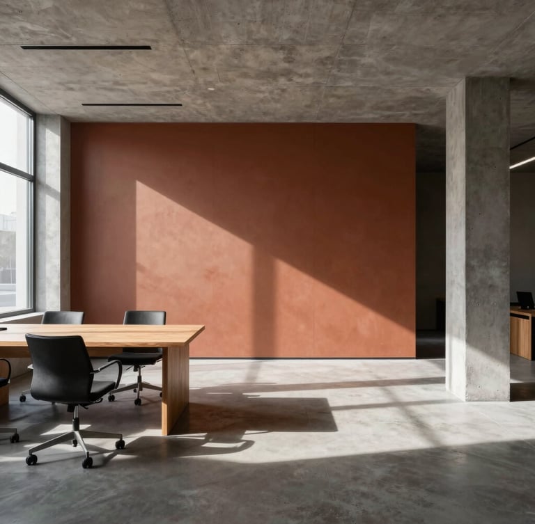 Architectural wide-angle shot of a minimalist concrete and timber office interior, dramatic natural side-light casting deep shadows, terracotta accent wall in background.