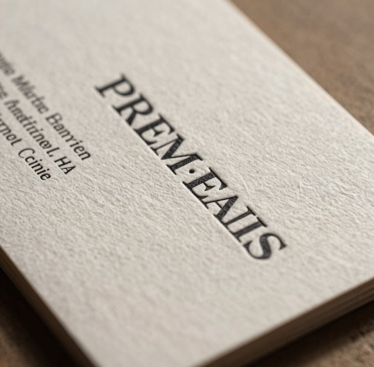 Extreme macro close-up of a premium letterpress business card on heavy cotton paper, deep debossing texture, warm natural side-light with long shadows.