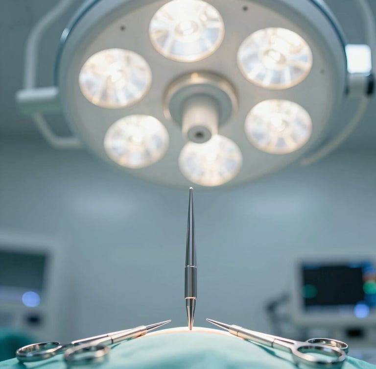 Macro shot of high-precision surgical steel surgical instruments, bright cool-toned operating room lighting, sterile environment, shallow depth of field.