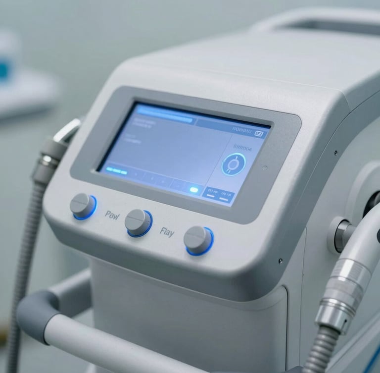 A close-up shot of a premium clinical aesthetic device interface, sterile steel body, cool blue LED indicators, bright clinical lighting.