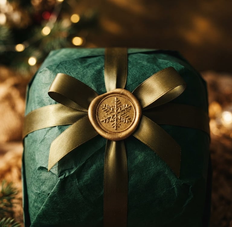 Macro shot of a luxury Christmas panettone wrapped in deep green paper with a gold foil seal, warm side-lighting, shallow depth of field