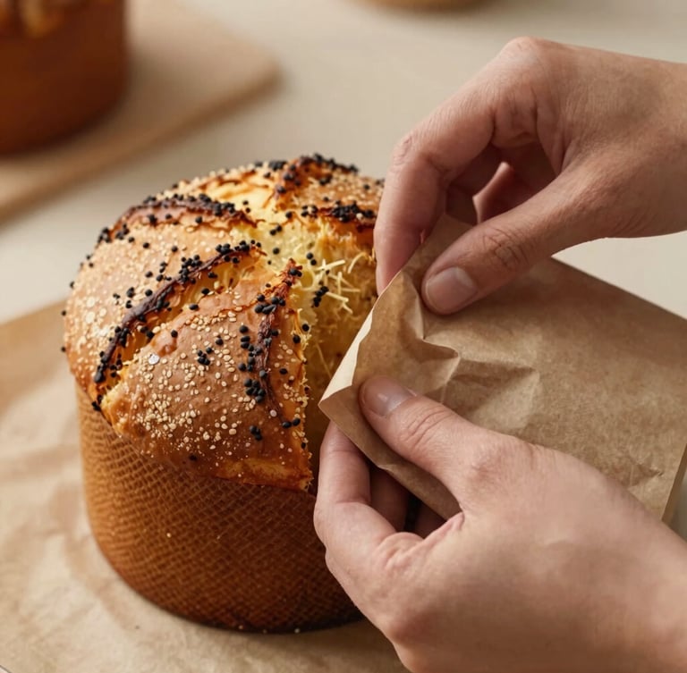 Close-up of hands carefully wrapping a premium panettone in rustic eco-friendly paper, warm natural light, shallow depth of field.