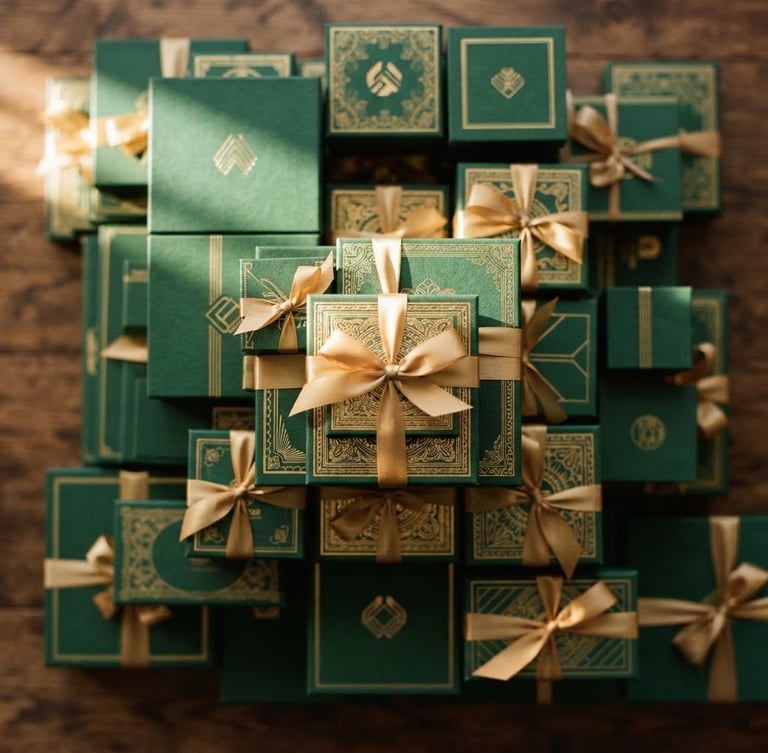 Overhead composition of elegant green and gold corporate gift boxes stacked neatly, warm side-lighting highlighting the gold foil details, 35mm photography.