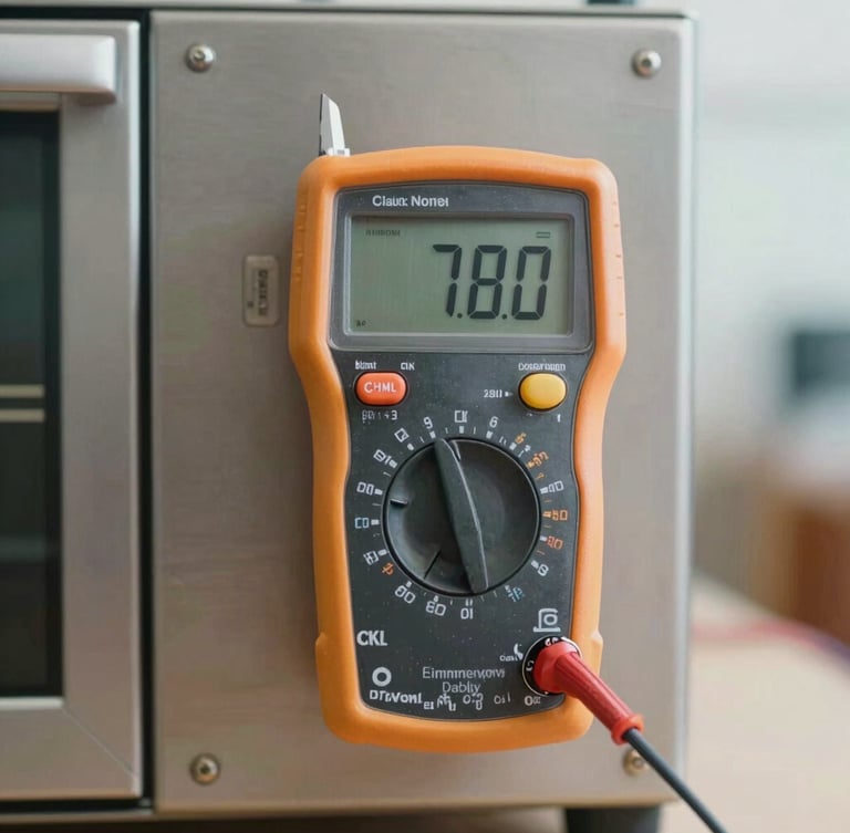 Macro shot of a clean, modern digital multimeter calibrating a premium stainless steel oven control panel, bright clinical daylight, straight-on technical framing.