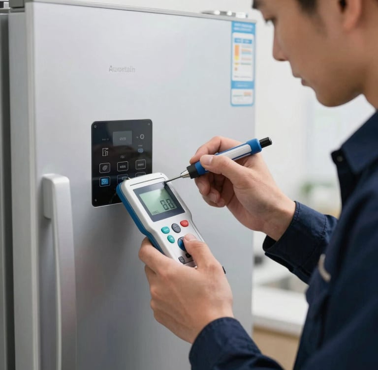 Macro close-up of a professional technician in a crisp navy uniform using a digital calibration tool on a premium modern refrigerator control panel, bright clinical light