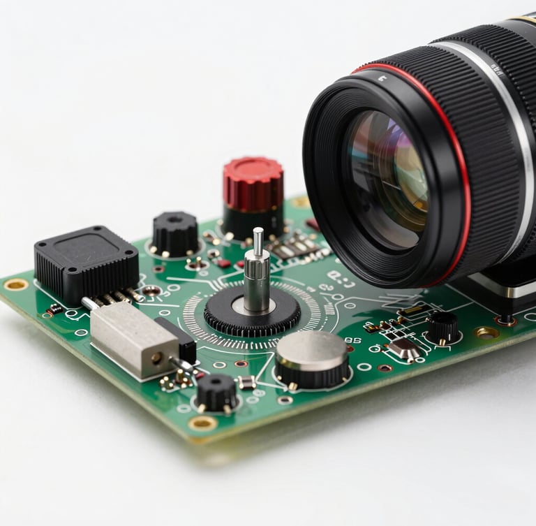 Macro shot of modern technical tools calibrating a premium oven circuit board. Bright clinical white studio lighting, high contrast, focus on technical components.