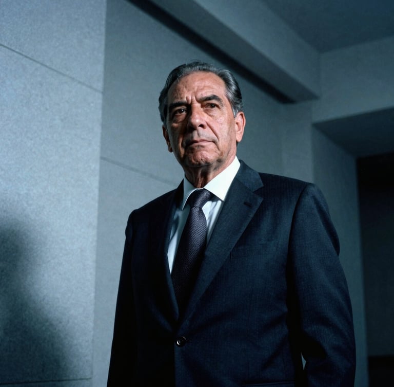 Dramatic low-key portrait of an elite senior Mexican attorney in a dark tailored suit, cool steel-blue lighting, high-contrast shadows, modern clinical architectural background, 35mm film.