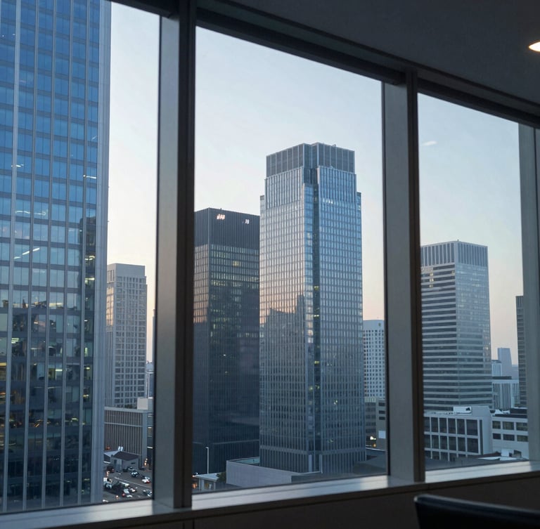 A sharp 35mm photograph of a modern office window overlooking a high-tech city skyline, cool morning light with blue reflections on glass surfaces.