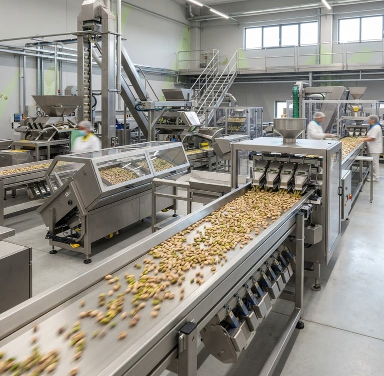 Wide-angle industrial facility shot, bright daylight, stainless steel automated sorting lines processing premium green pistachios, crisp focus.