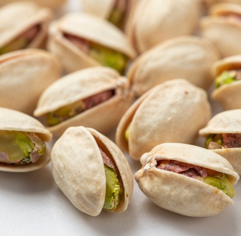 Macro close-up of graded raw pistachio kernels on a clean neutral surface, bright clinical studio lighting, sharp focus on texture.