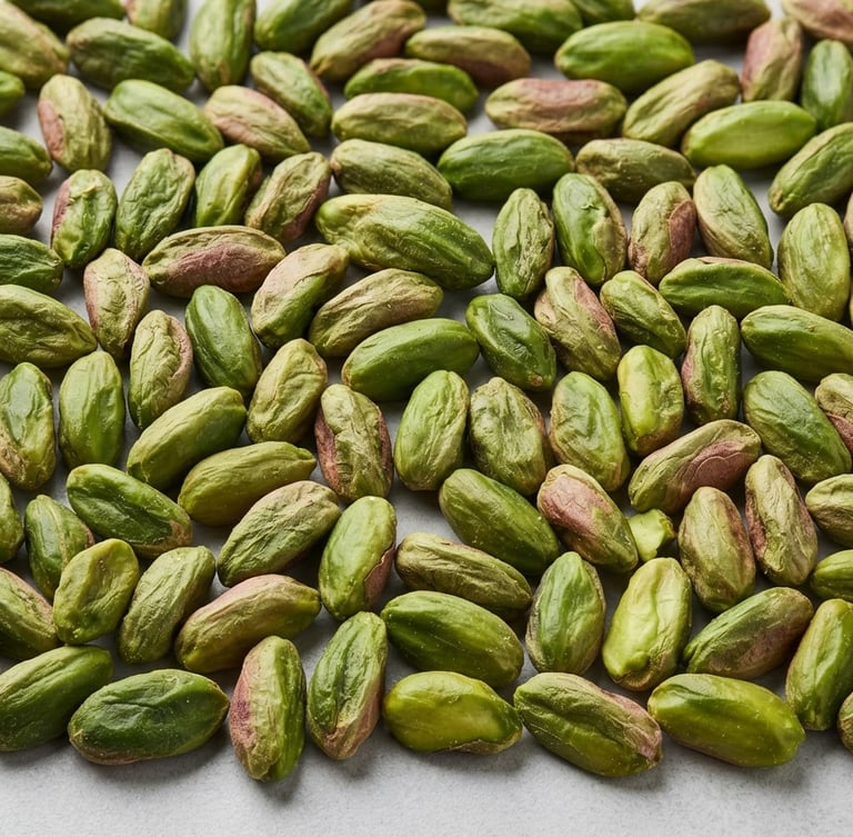 Macro close-up of graded raw pistachio kernels on a clean, light gray neutral surface, bright clinical studio lighting, sharp focus.