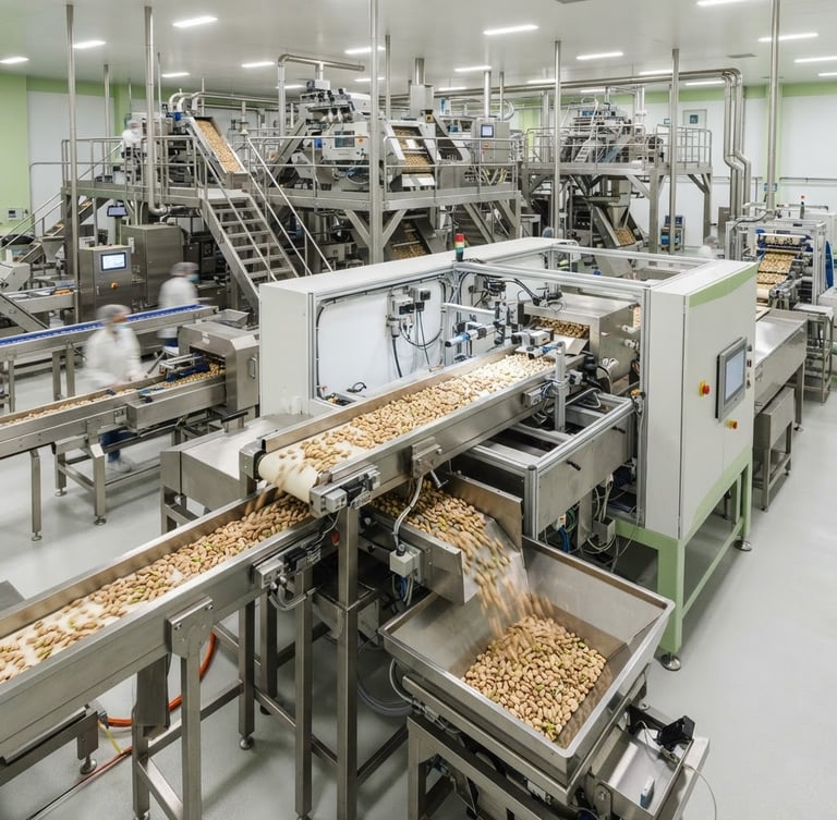 Wide-angle industrial photography of a state-of-the-art automated pistachio sorting facility, stainless steel processing lines, bright clean studio lighting, sharp focus.