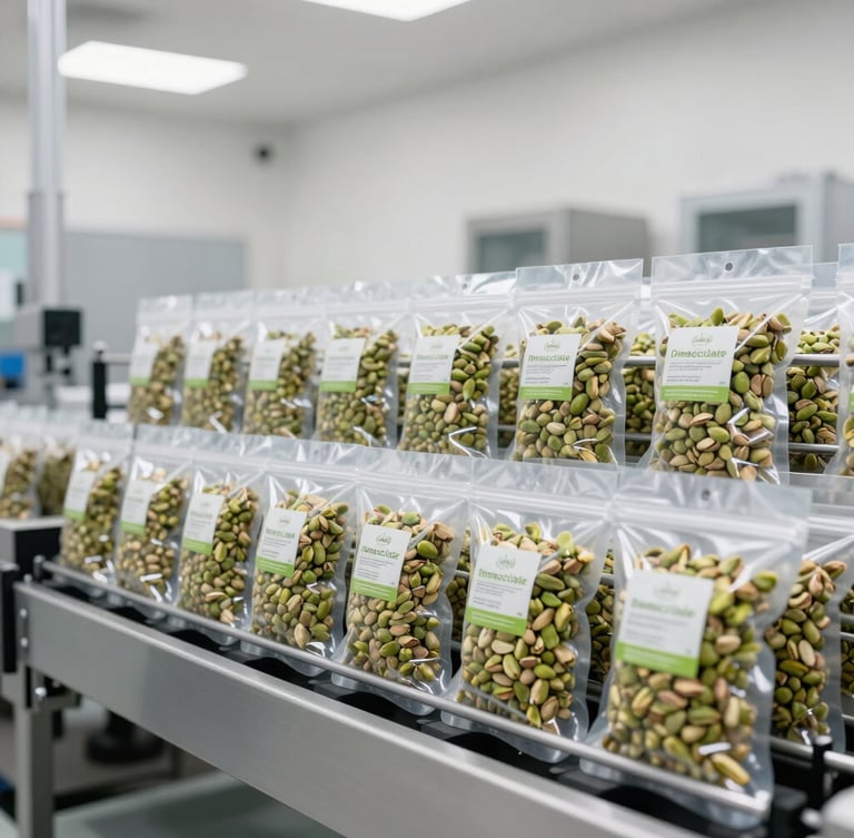 Immaculate automated packaging line with vacuum-sealed bulk pistachio bags, bright clinical lighting, high-end corporate industrial aesthetic.
