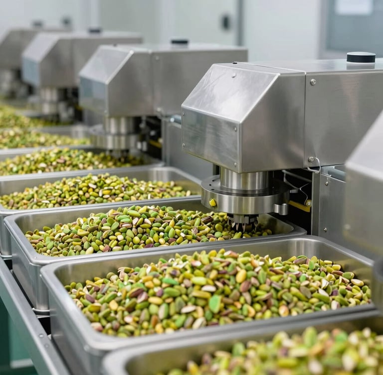 Industrial vacuum-packaging line in a cleanroom facility, stainless steel machinery sealing bulk boxes of bright green pistachio kernels, bright daylight.