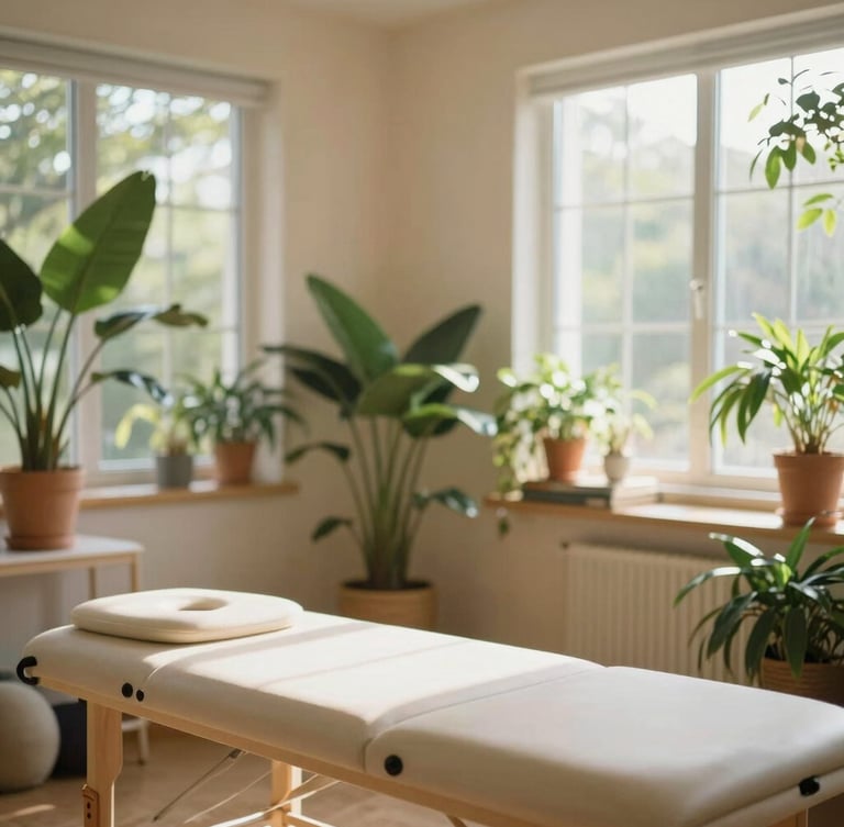 Warm editorial portrait of a sunlit physiotherapy room filled with green indoor plants, soft natural daylight filtering through large windows, warm sand-toned walls.