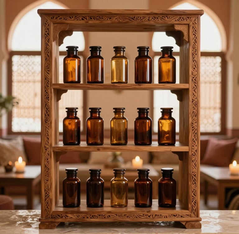 Warm editorial portrait of hand-carved cedarwood shelves stocked with amber glass apothecary jars inside a serene Moroccan lounge, soft candlelit atmosphere, 35mm