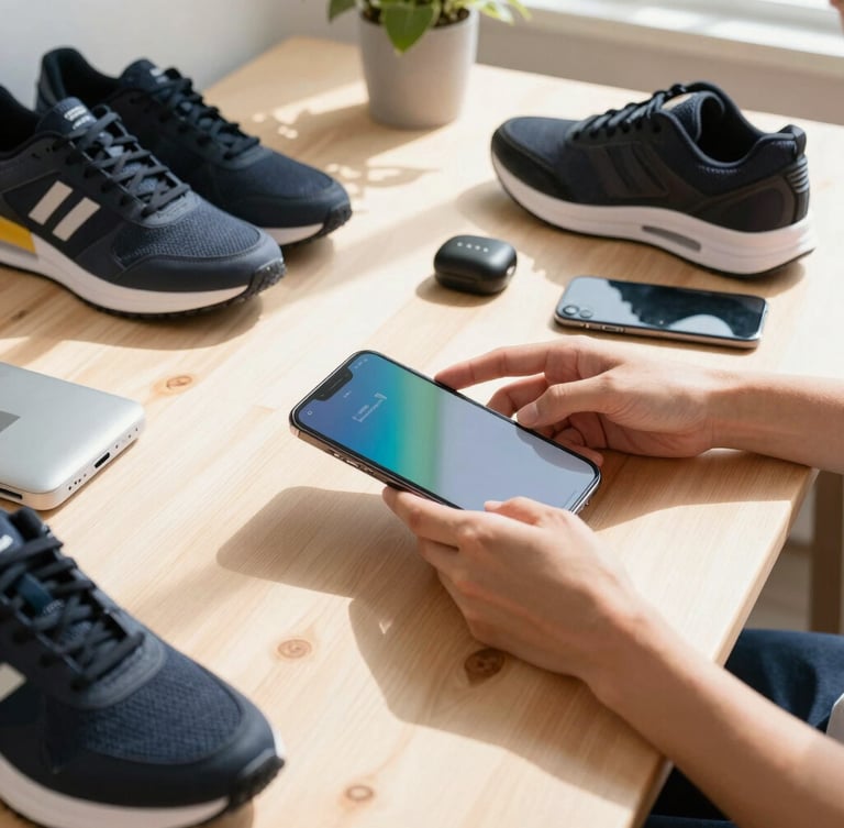Vibrant editorial photography of a modern creative workspace, hands organizing tech gadgets and sneakers on a clean wooden desk, bright natural daylight, sharp focus.