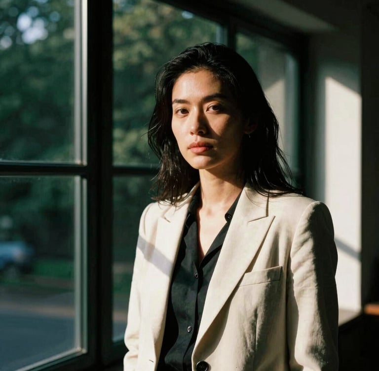 A high-contrast environmental portrait of a female strategist in deep focus, natural side window light casting long shadows, deep forest green and cream tones, 35mm film.