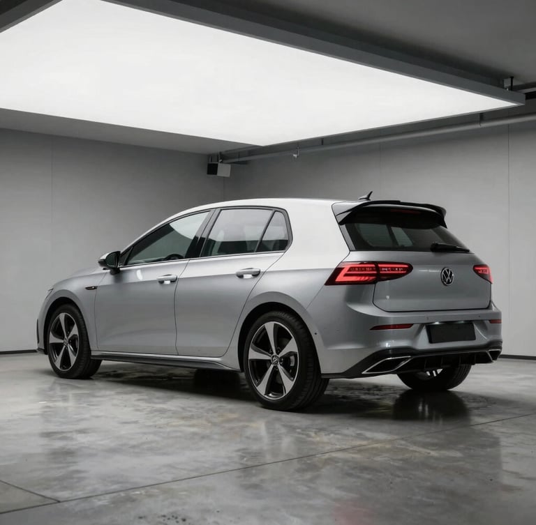 A pristine silver hatchback parked inside a modern minimalist garage, sharp 3/4 angle shot, natural overcast daylight, concrete floor
