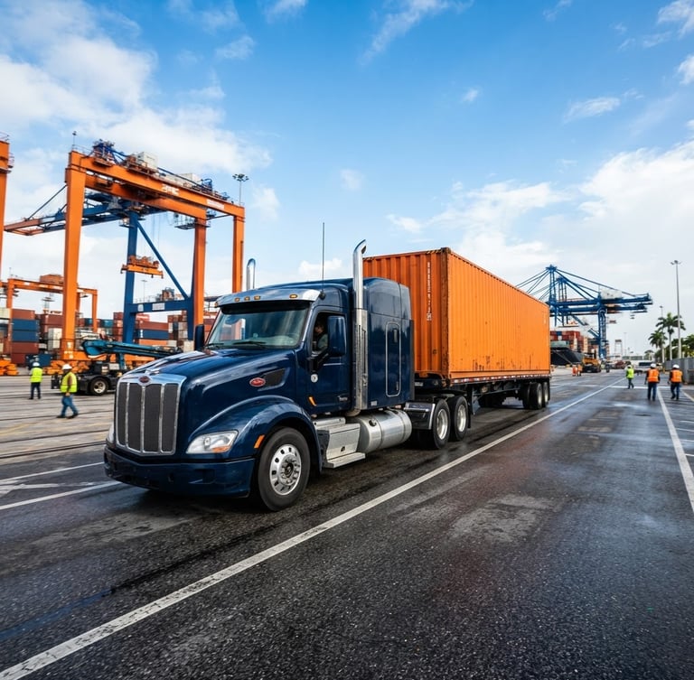 Low angle wide shot of a heavy-duty semi-truck transporting a shipping container from a bustling Florida port terminal, bright morning light, high contrast blue and orange tones.