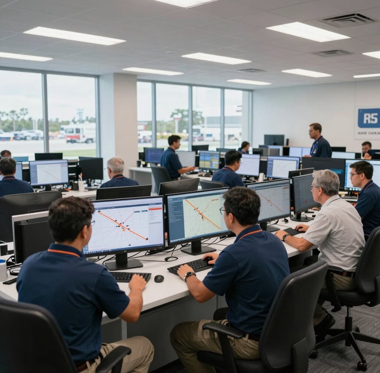 Modern logistics operations center in St. Petersburg Florida, professionals analyzing real-time shipping route maps on screens, bright daylight, professional atmosphere.