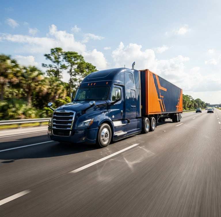 Wide-angle crisp commercial photo of a modern semi-truck moving on a sun-drenched Florida highway, deep navy and orange container tones, dynamic motion blur.