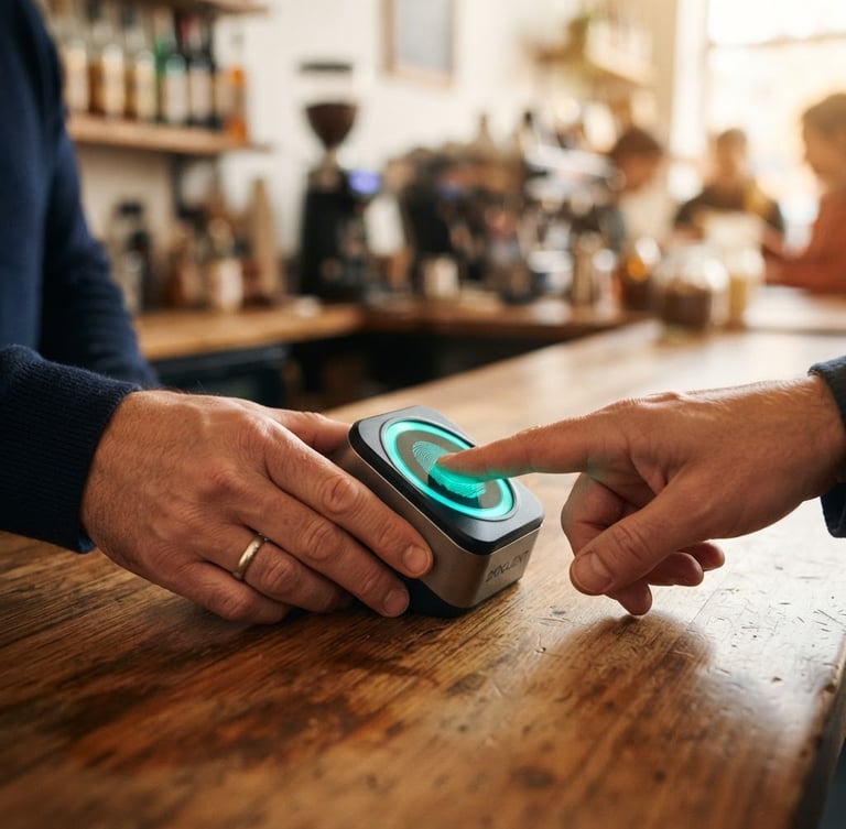 A close-up of a secure biometric fingerprint terminal on a wooden shop counter, a merchant's hand gently guiding a customer's finger onto the glowing teal sensor, warm ambient morning light, shallow depth of field.