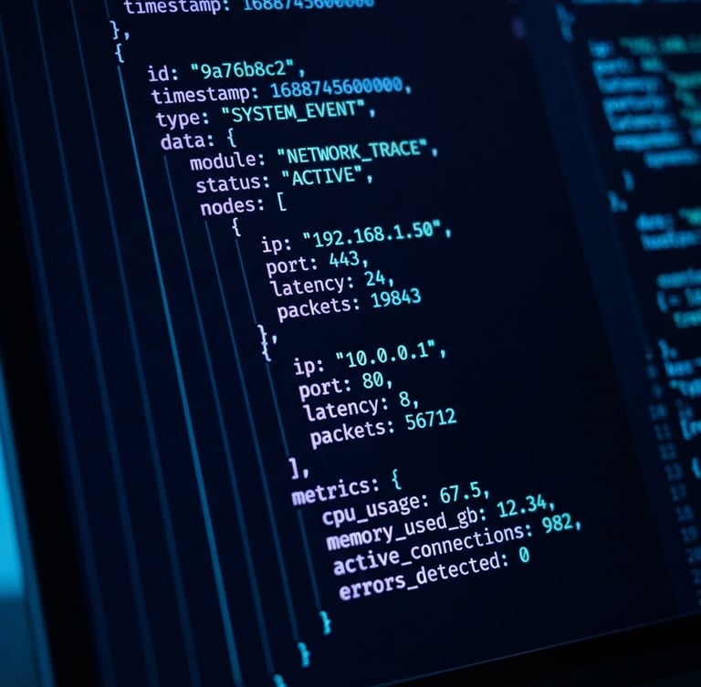 Sleek dark-mode tech photography, macro close-up of a high-fidelity code editor displaying complex data structures, neon blue ambient lighting, high contrast, sharp focus, 35mm