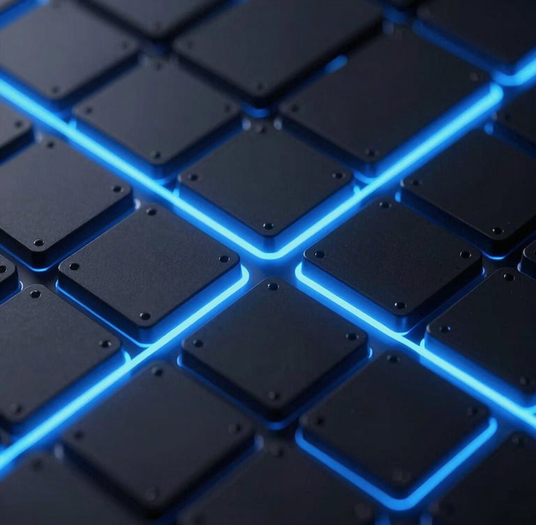 Sleek dark-mode tech photography, abstract 3D representation of modular software architecture blocks, glowing electric blue lines, high contrast, macro details, 35mm