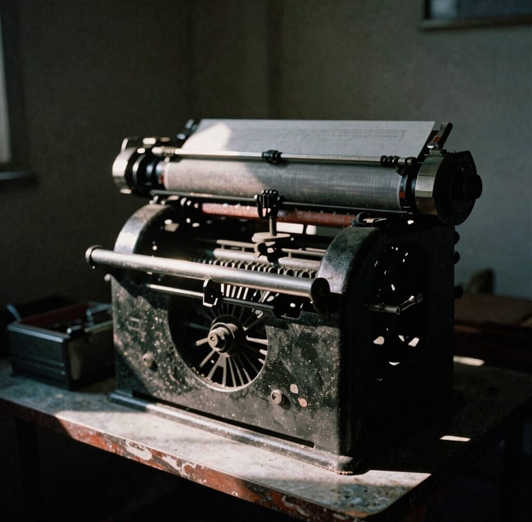 Raw documentary photojournalism, high-contrast natural light, a gritty printing press machine in a dark room in Kuala Lumpur, dramatic shadows, 35mm film grain