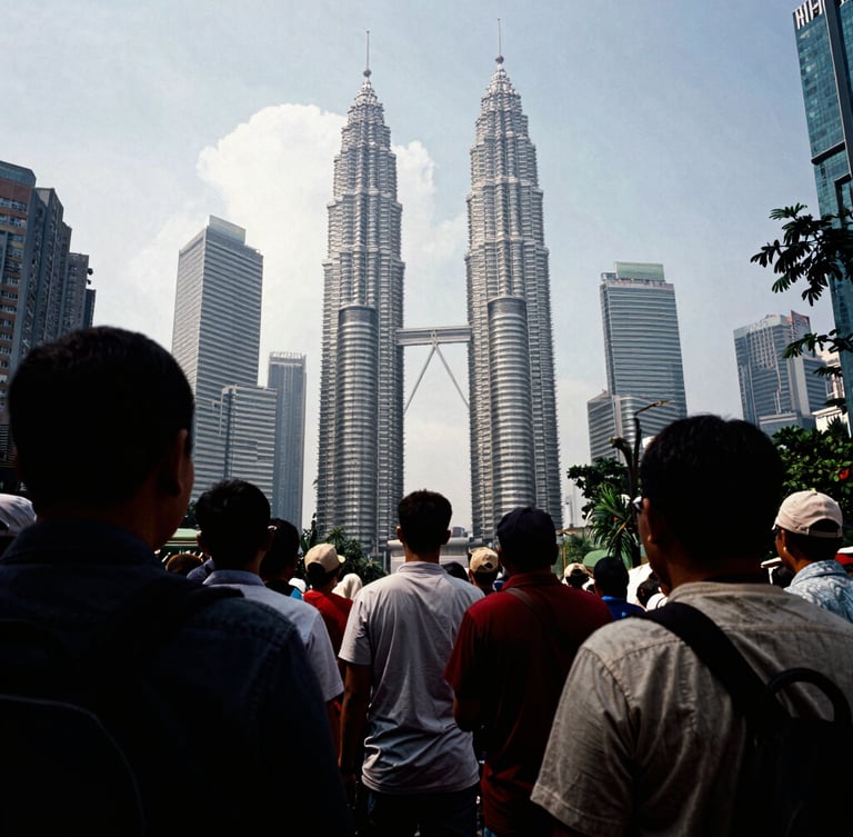 Raw photojournalism, a wide-angle documentary shot of a crowded public assembly in Kuala Lumpur, high-contrast natural light, dramatic shadows, gritty 35mm film grain.