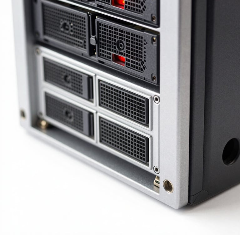 Macro close-up of high-end server hardware rack, bright high-key studio lighting, pure white background, sharp red accent lights, 50mm