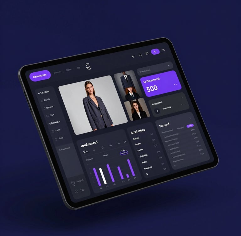 Angled perspective mockup of a dark-mode fashion dashboard UI, showcasing clean data visualizations and purple glowing accents on a deep indigo background.