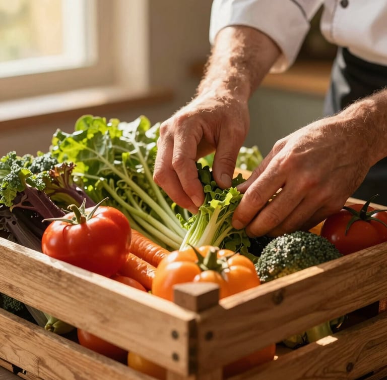 Close-up of a chef's hands carefully selecting fresh, vibrant organic vegetables from a rustic wooden crate in a sunlit kitchen, rich shadows, warm tones, shallow depth of field.