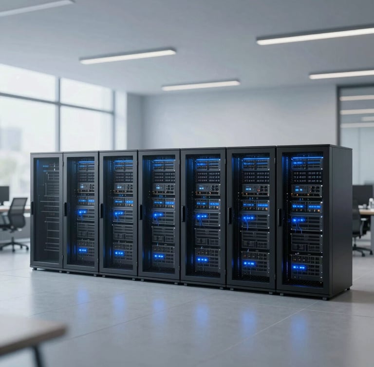 Architectural schematic of a secure data center network layout, professional corporate photography, cool office daylight with blue ambient accents, sharp focus, 35mm