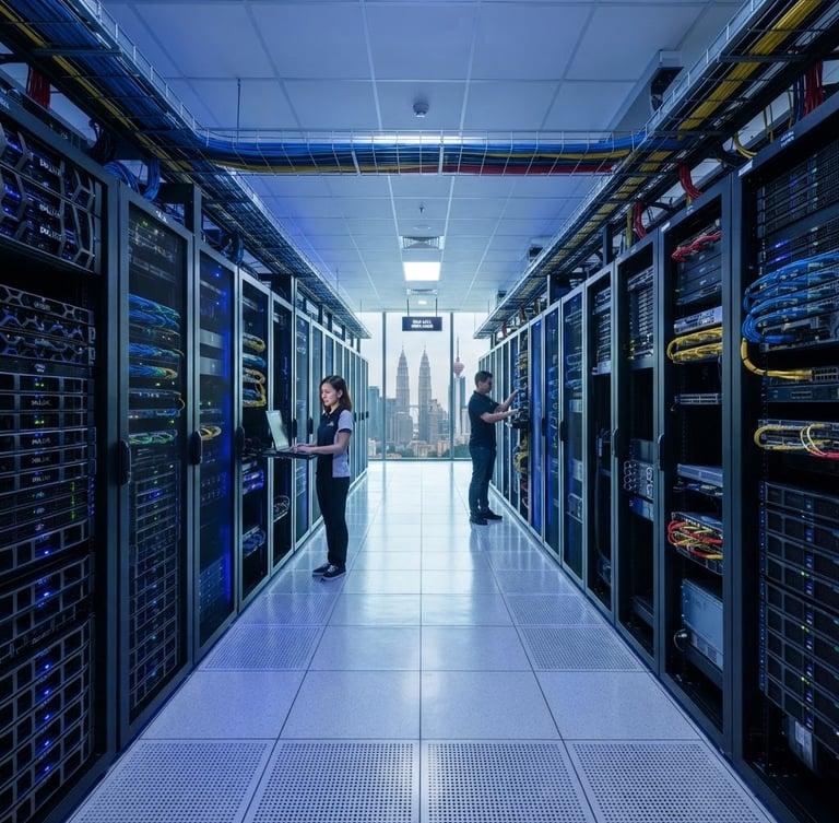 Wide-angle crisp architectural shot of a modern data center in Kuala Lumpur, cool daylight reflecting off pristine server racks, structured cables, professional high-end IT infrastructure.