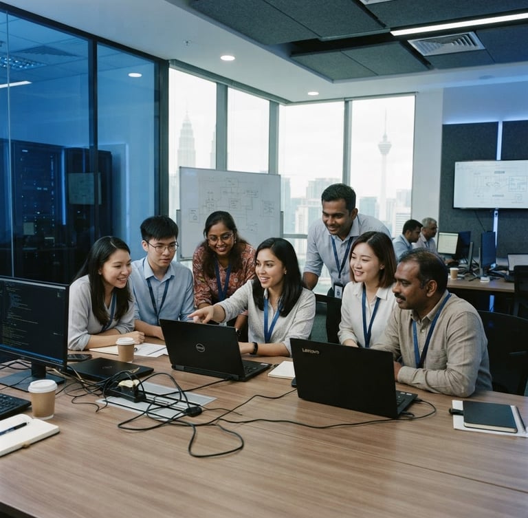 A professional corporate training room in Kuala Lumpur, a diverse local IT team collaborating around a table with laptops, cool office daylight with blue server-room ambient accents, 35mm photography