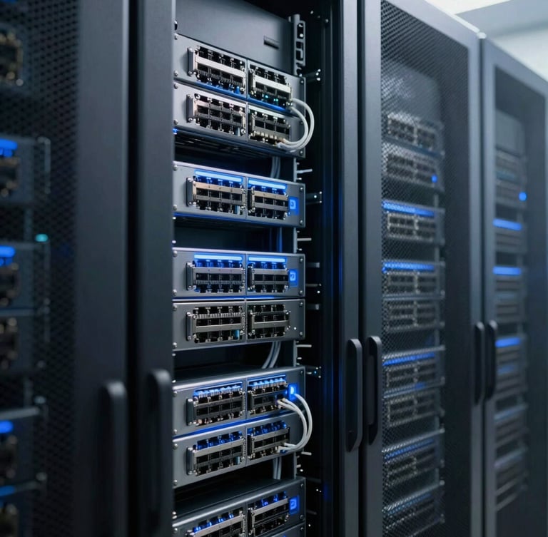 A close-up of real server racks in a modern Malaysian data center, with subtle blue ambient lighting and sharp focus on network cabling, 35mm.